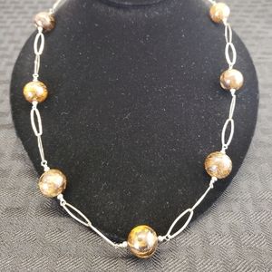 Sterling Silver Bronzite Beads Oval Link Station Necklace Designer 925 AIL